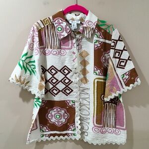 rachel zoe Top Boxy Womens Size M short sleeve  Printed Beach Retro Artsy New